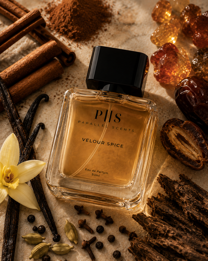 Velour Spice ingredient mood shot with cinnamon vanilla amber and woods