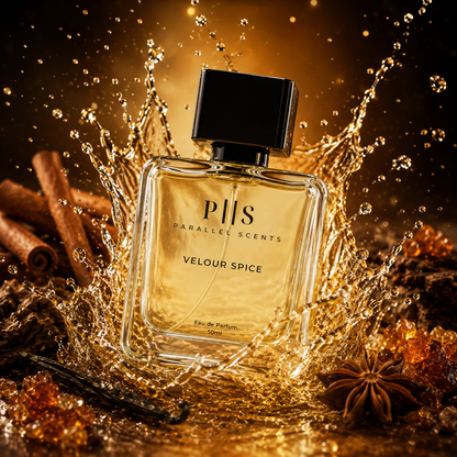 Velour Spice perfume splash hero shot with warm amber spicy mood