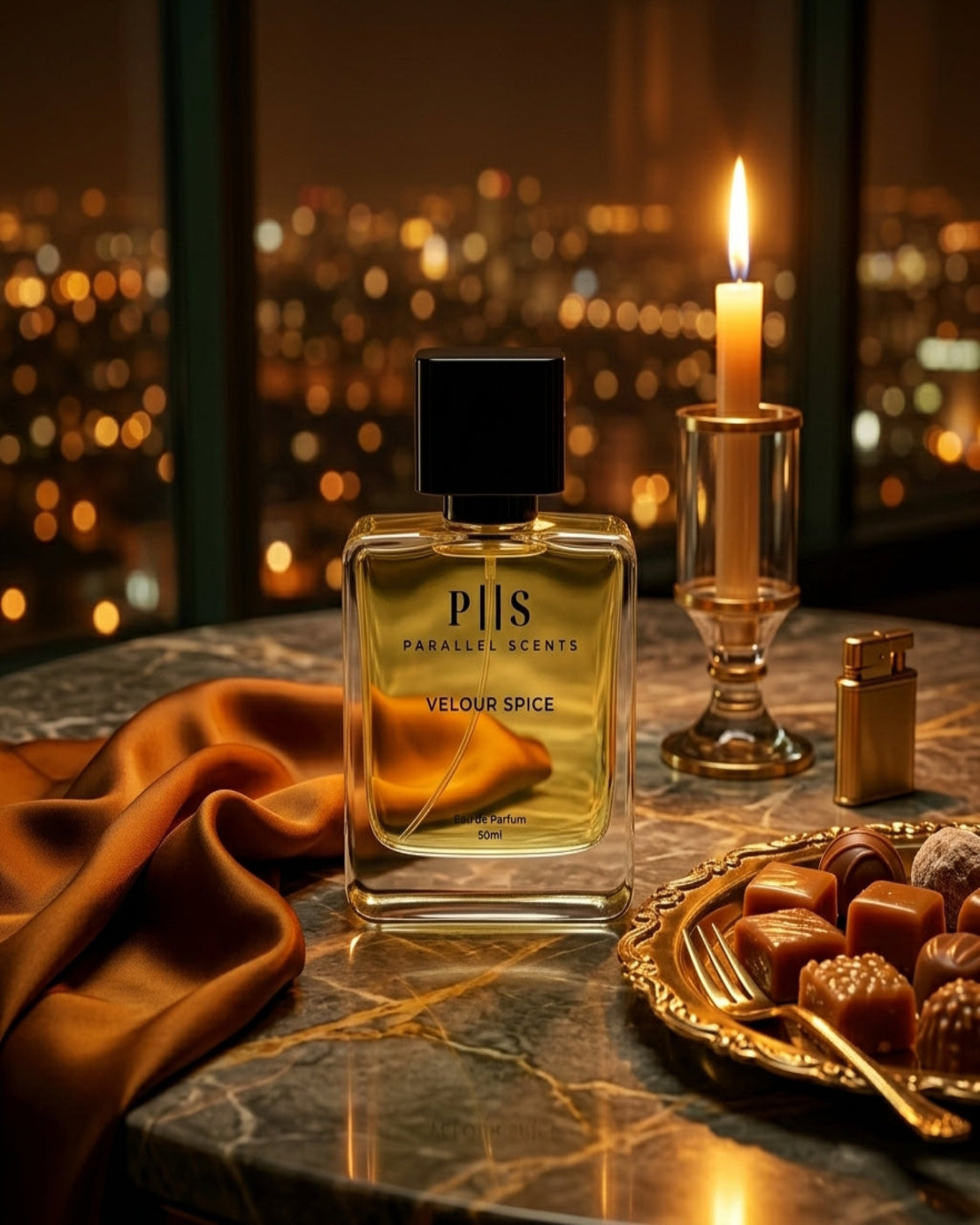 Velour Spice luxury lifestyle perfume photo with warm evening setting